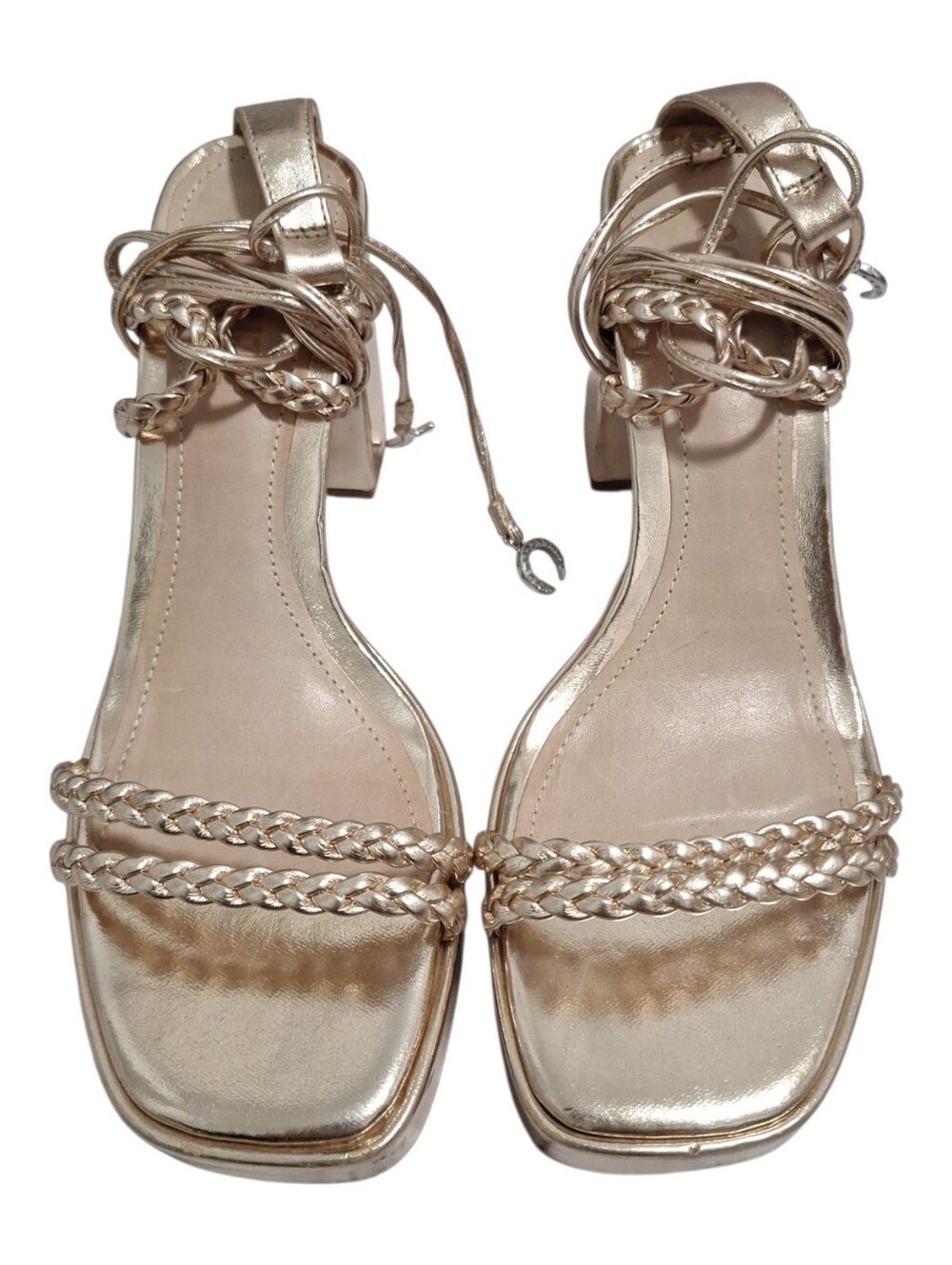SCHUTZ Gold Braided Strap Block Heel Sandals